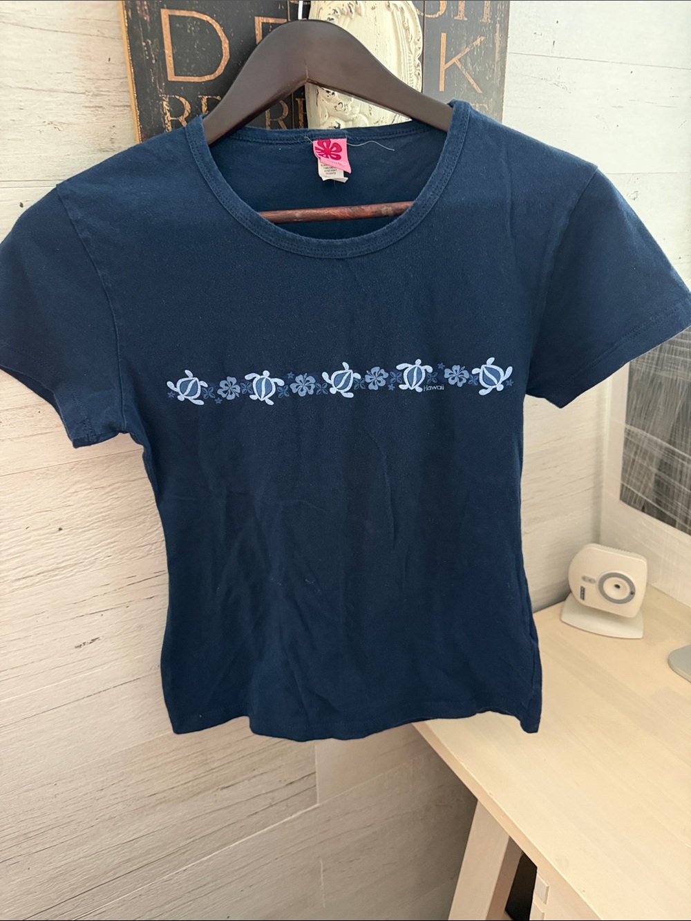Island Girl Navy Short-Sleeve w/Light Blue Turtle & Floral Band Hawaii Cotton M